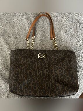 Calvin Klein Brown Monogram Chain-Handle Tote